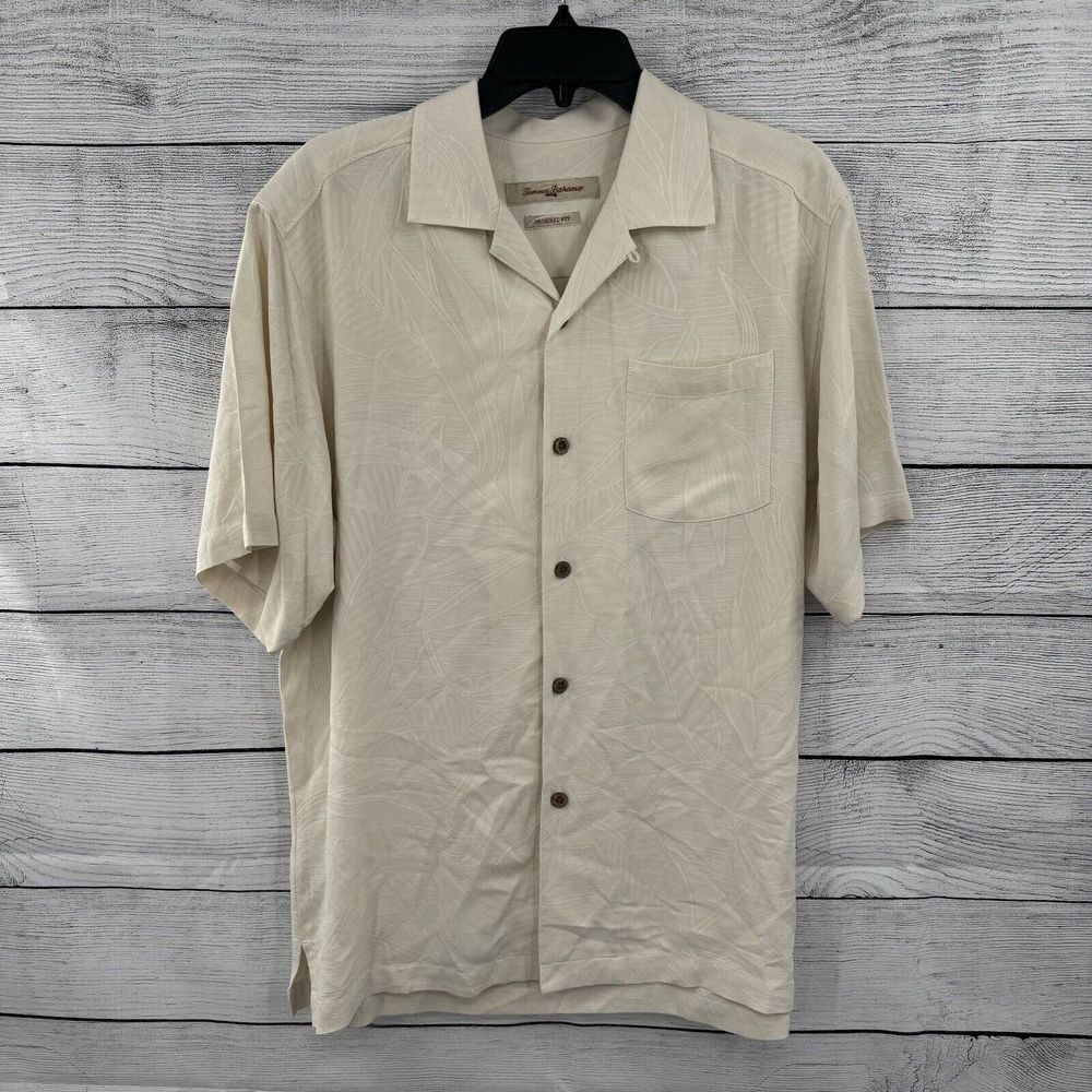 Tommy Bahama Hawaiian Shirt Mens Size Small Ivory 100% Silk Button Up